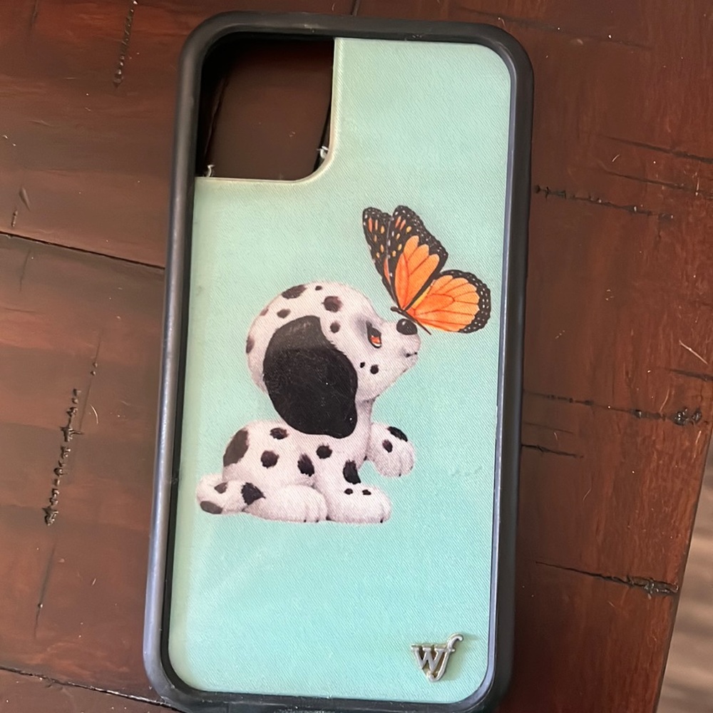 Wildflower phone case iPhone 11 teal blue with a Dalmatian